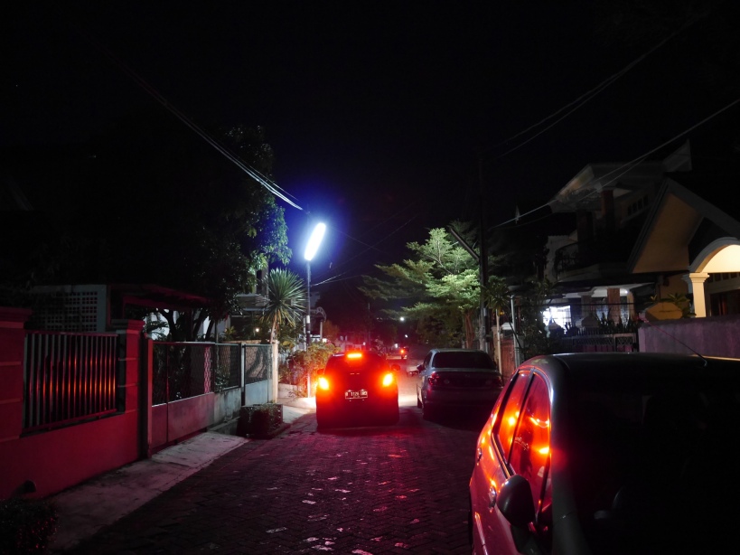 The street in front of my house at night time.